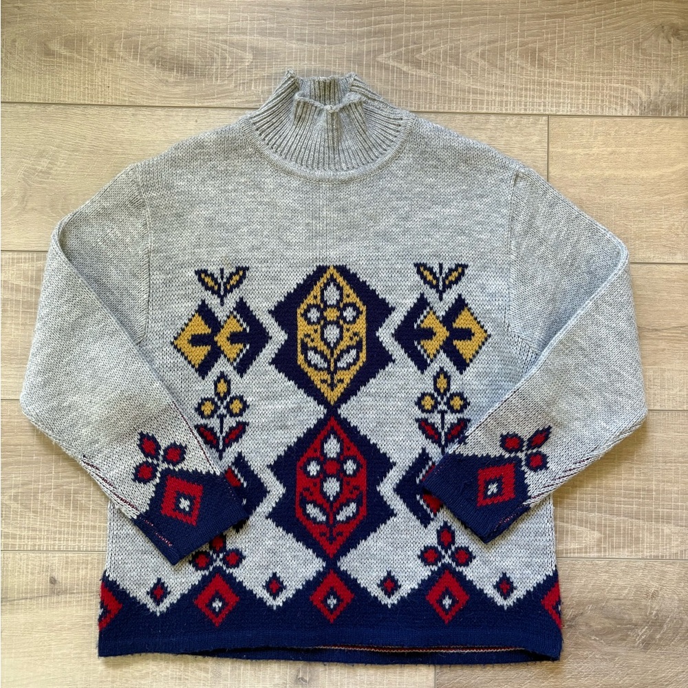 Vintage Gray and Red Nordic Geometric Pattern Wool Sweater - Picture 1 of 8